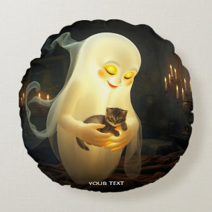Fantasy Cute Ghost Kitten Candles Round Pillow