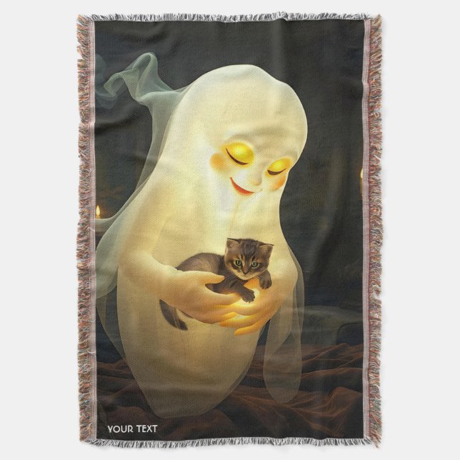 Fantasy Cute Ghost Kitten Candles Throw Blanket (Front Vertical)