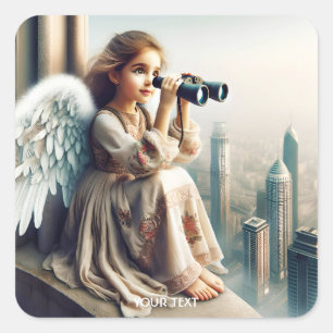 Fantasy Cute Girl City Binocular Square Sticker