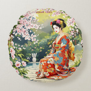 Fantasy Cute Girl Kimono Sakura Round Pillow