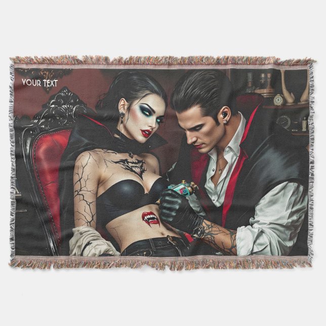 Fantasy Cute Girl Man Tattoo Throw Blanket (Front)