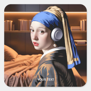Fantasy Cute Girl Pearl Headphones  Square Sticker