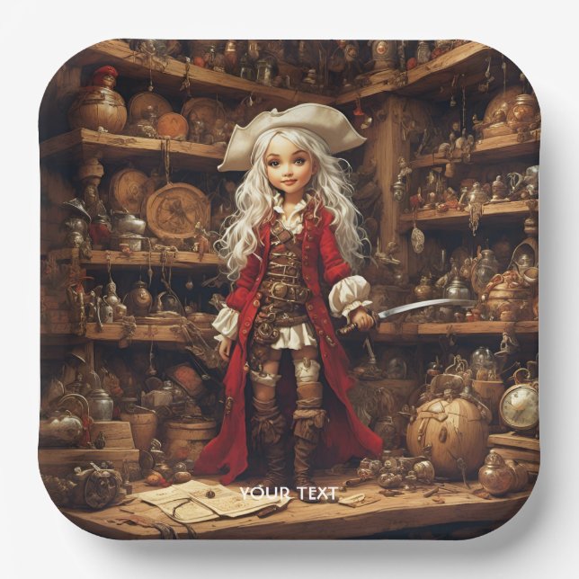 Fantasy Cute Girl Pirate Hat Paper Plate (Front)