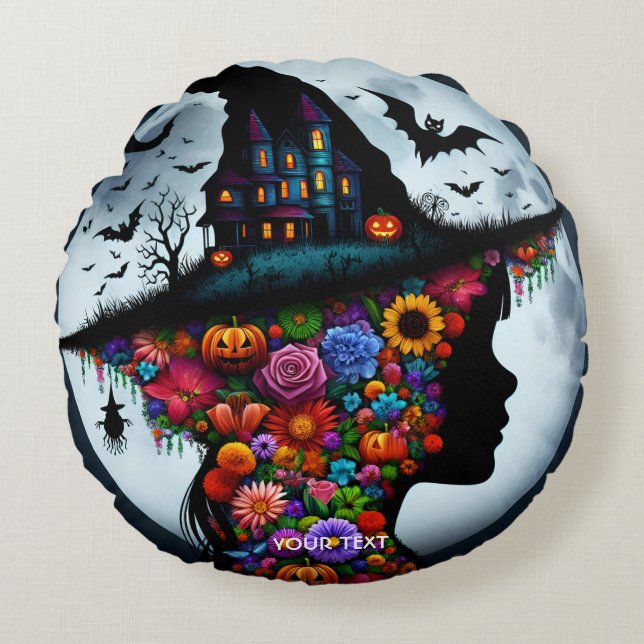 Fantasy Cute Girl Witch Halloween Round Pillow (Front)