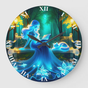 Fantasy Cute Glass Girl Cat Large Clock