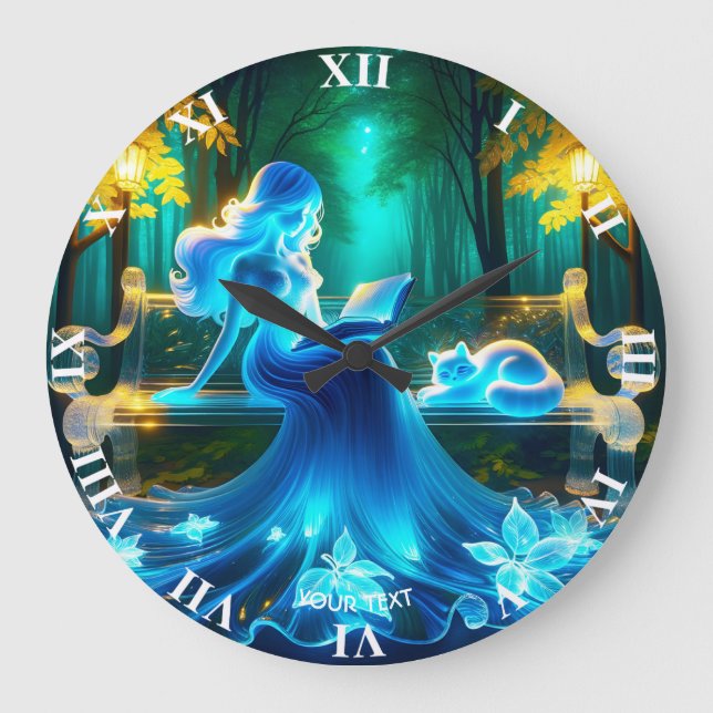 Fantasy Cute Glass Girl Cat Large Clock (Front)