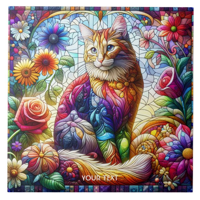 Fantasy Cute Glass Quilted Cat Tile (Front)
