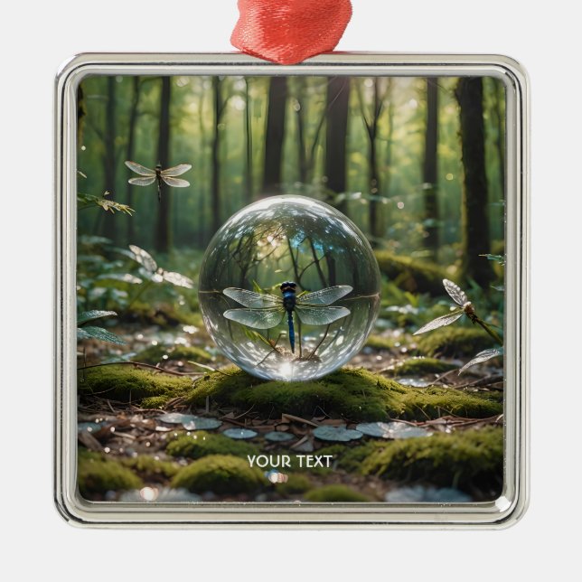 Fantasy Cute Glass Sphere Dragonfly Metal Ornament (Front)