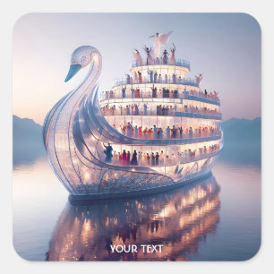 Fantasy Cute Glass Swan Ship Square Sticker