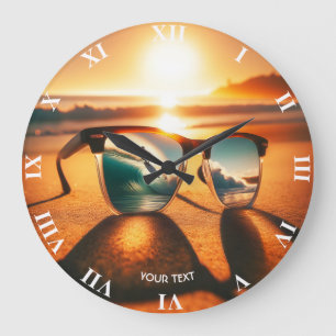 Fantasy Cute  Glasses Sunset Beach Large Clock