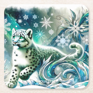Fantasy Cute Green Eyes Leopard Square Paper Coaster