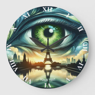Fantasy Cute Green Eyes Paris Large Clock