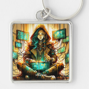 Fantasy Cute Green Female Cyber Keychain