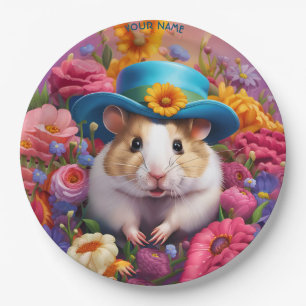 Fantasy Cute Hamster Hat Flowers Paper Plate
