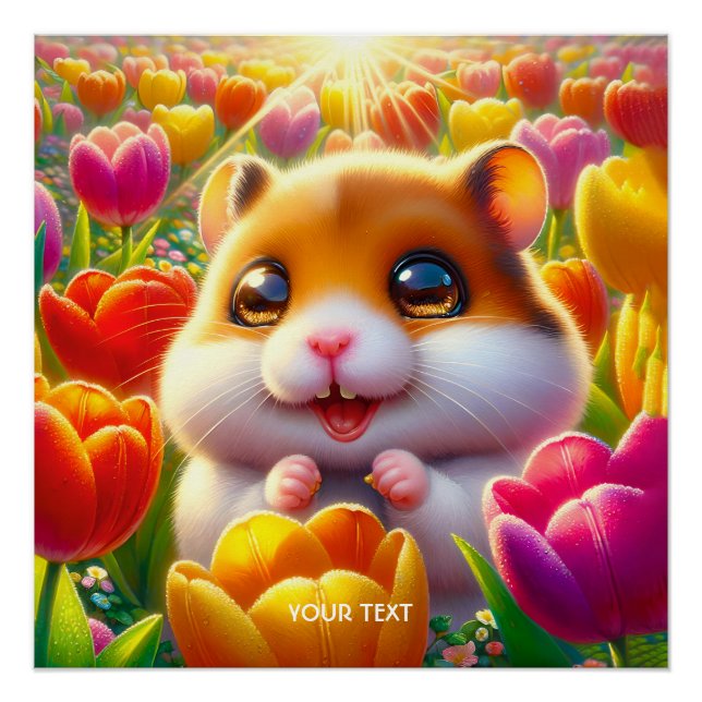 Fantasy Cute Happy Hamster Tulips Poster (Front)