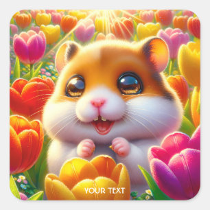 Fantasy Cute Happy Hamster Tulips Square Sticker