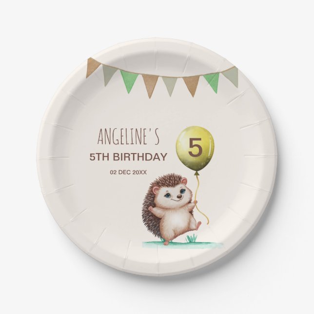 Fantasy Cute Happy Hedgehog Balloon Birthday  Paper Plate (Front)