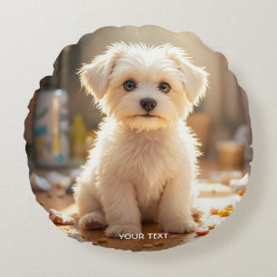 Fantasy Cute Happy Maltese Puppy Round Pillow
