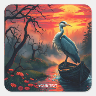 Fantasy Cute Heron Evening Lake Square Sticker