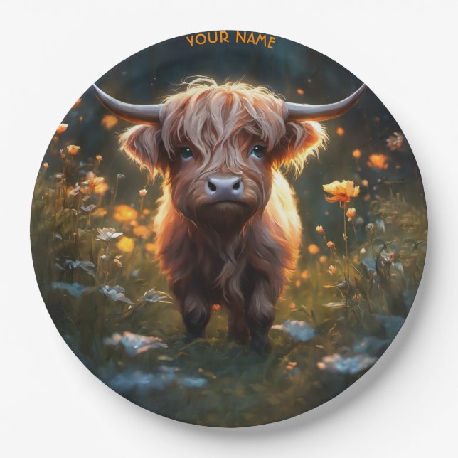 Fantasy Cute Highland Baby Cow Paper Plate (Front)