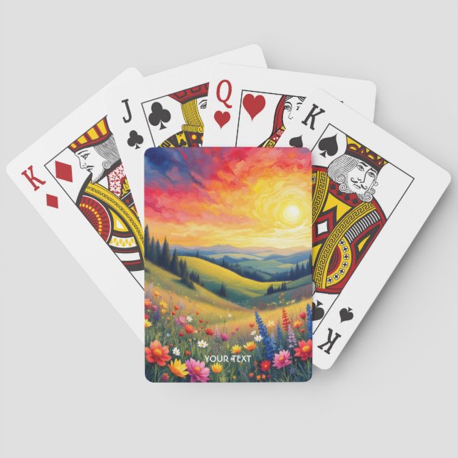 Fantasy Cute Hills Flowers Sunset Playing Cards (Back)