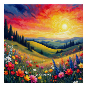Fantasy Cute Hills Flowers Sunset Poster