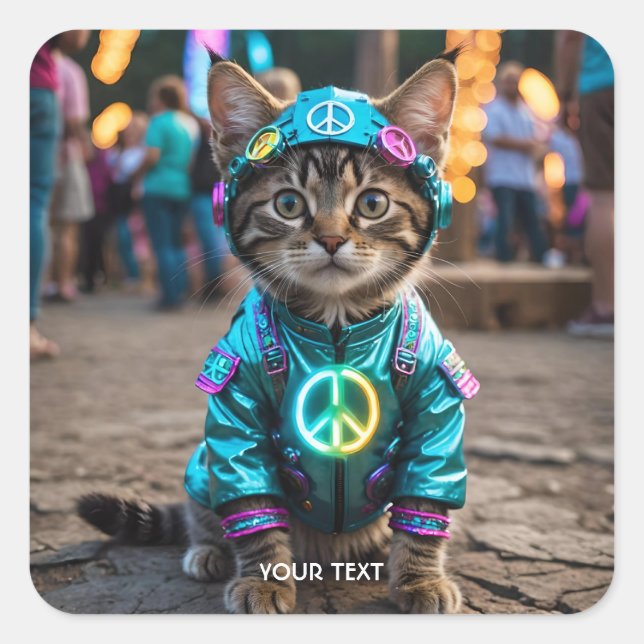 Fantasy Cute Hippie Cat Festival Square Sticker (Front)