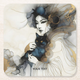 Fantasy Cute Japanese Girl Cat Square Paper Coaster