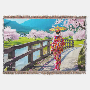 Fantasy Cute Japanese Girl Walking Throw Blanket