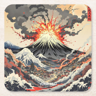 Fantasy Cute Japanese Volcano Erupting Square Paper Coaster