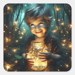 Fantasy Cute Kid Jar Fireflies Square Sticker