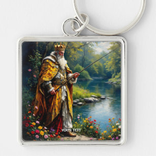 Fantasy Cute King Fishing In River Keychain