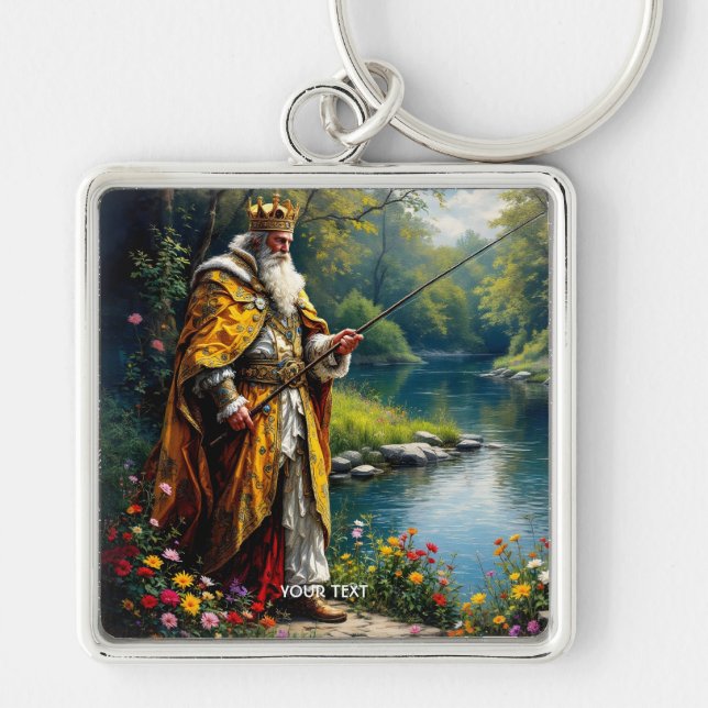 Fantasy Cute King Fishing In River Keychain (Front)