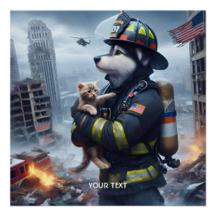 Fantasy Cute Kitten Dog Fire Poster
