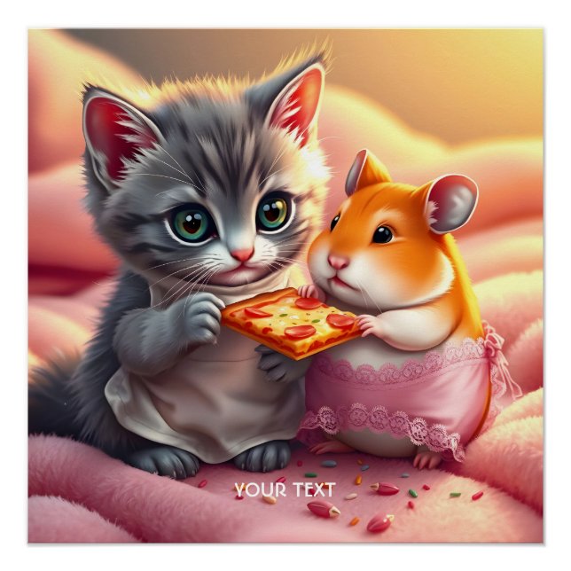 Fantasy Cute Kitten Hamster Pizza Poster (Front)