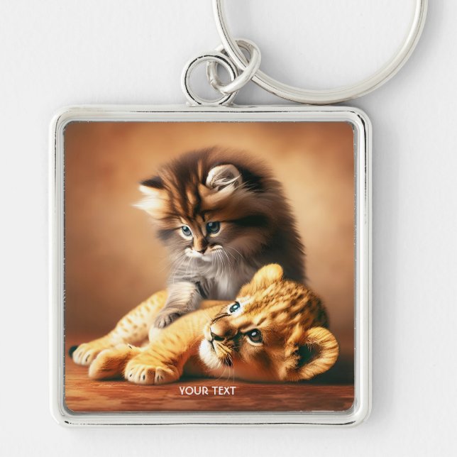 Fantasy Cute Kitten Playing With Tiger Keychain (Front)