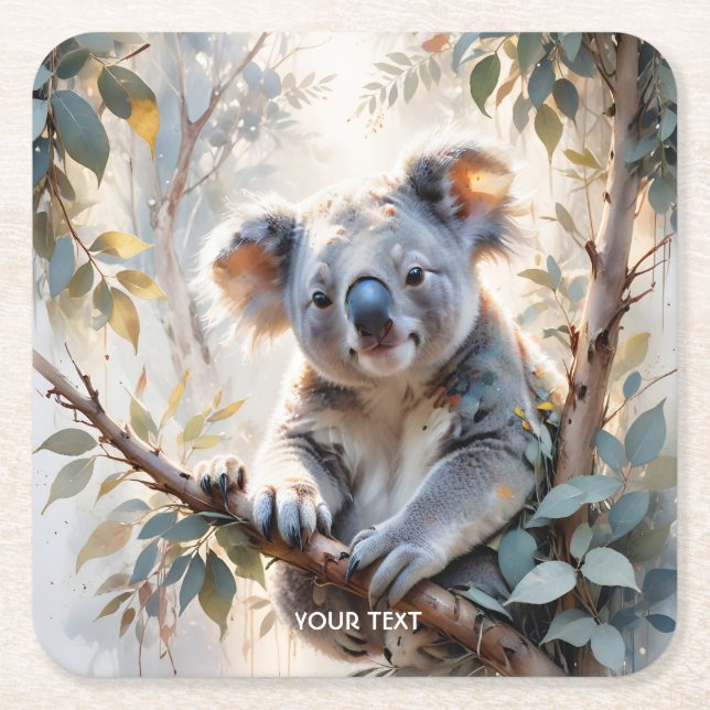 Fantasy Cute Koala Tree Watercolor Square Paper Coaster (Front)