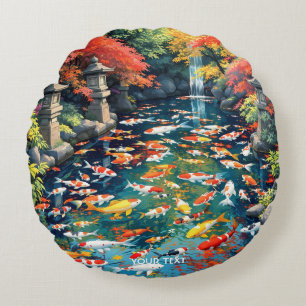 Fantasy Cute Koi Fish Pond Round Pillow