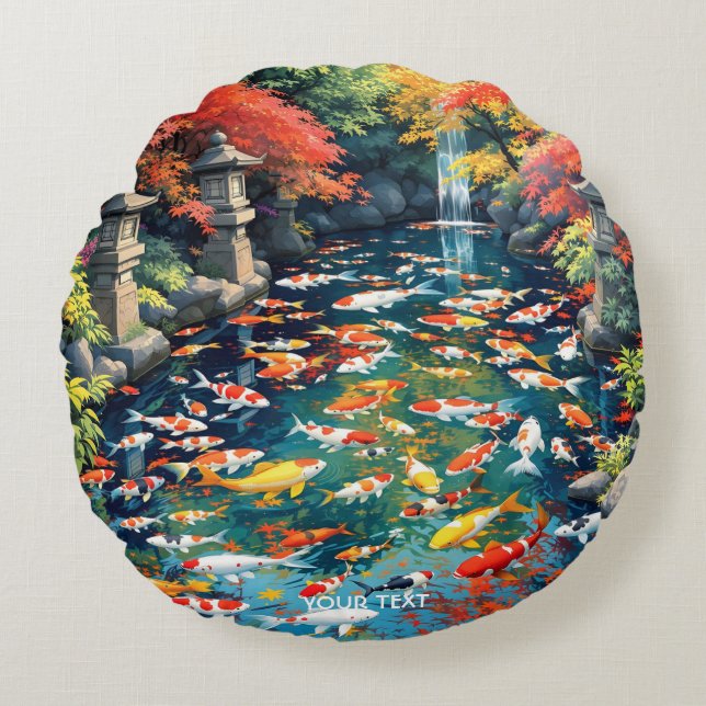 Fantasy Cute Koi Fish Pond Round Pillow (Front)