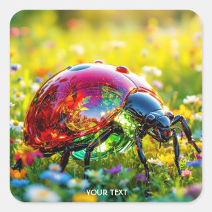 Fantasy Cute Ladybug Polished Glass Square Sticker