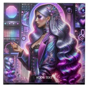 Fantasy Cute Lavender Cyber Girl Tile