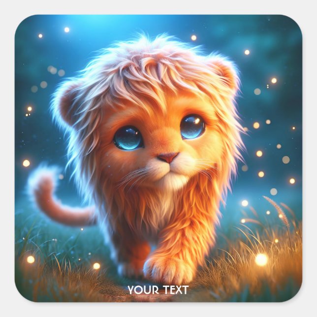Fantasy Cute Lion Cub Stars Square Sticker (Front)