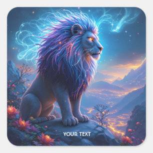 Fantasy Cute Lion Night Flowers Square Sticker