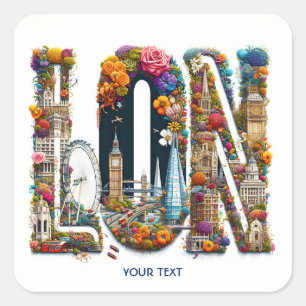 Fantasy Cute London Building Flowers Square Sticker