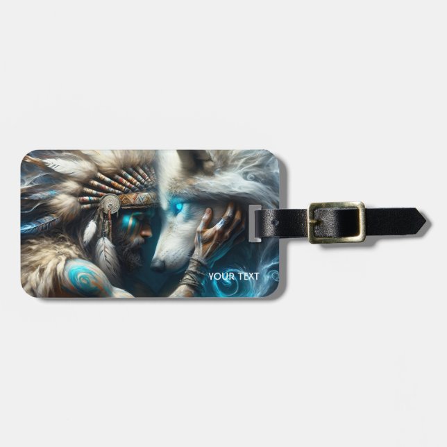 Fantasy Cute Man Hugging Wolf Luggage Tag (Front Horizontal)