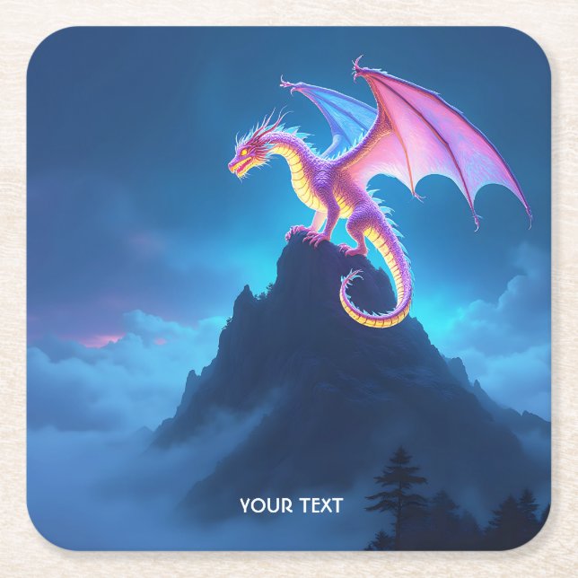 Fantasy Cute Mist Shrouded Dragon Square Paper Coaster (Front)