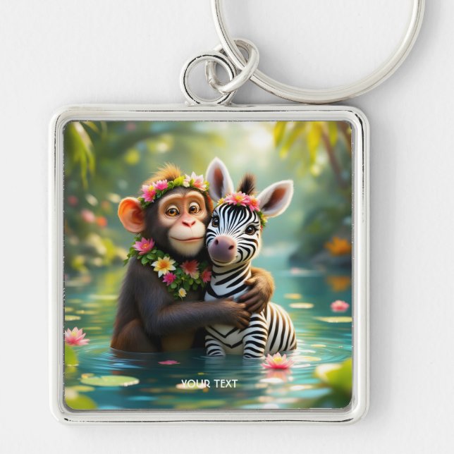 Fantasy Cute Monkey Zebra Hug  Keychain (Front)
