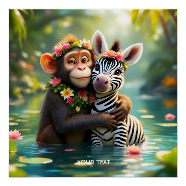 Fantasy Cute Monkey Zebra Hug  Poster (Front)