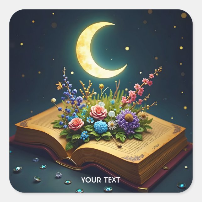 Fantasy Cute Moon Book Flowers Square Sticker (Front)