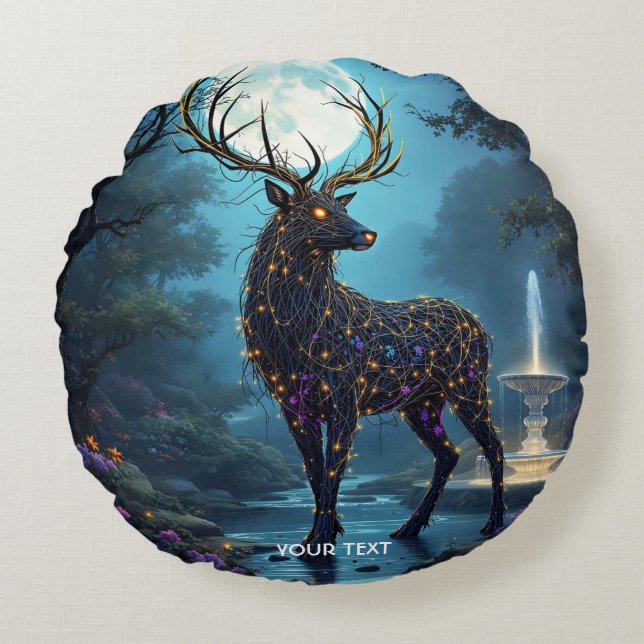 Fantasy Cute Moon Deer Night Round Pillow (Front)